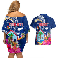 Guam Liberation Couples Matching Off Shoulder Short Dress and Hawaiian Shirt Latte Stone and Guahan Seal Jungle Flower