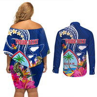 Guam Liberation Couples Matching Off Shoulder Short Dress and Long Sleeve Button Shirt Latte Stone and Guahan Seal Jungle Flower
