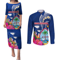 Personalised Guam Liberation Couples Matching Puletasi and Long Sleeve Button Shirt Latte Stone and Guahan Seal Jungle Flower LT03 Blue - Polynesian Pride