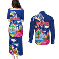 Guam Liberation Couples Matching Puletasi and Long Sleeve Button Shirt Latte Stone and Guahan Seal Jungle Flower
