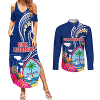 Guam Liberation Couples Matching Summer Maxi Dress and Long Sleeve Button Shirt Latte Stone and Guahan Seal Jungle Flower