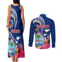 Guam Liberation Couples Matching Tank Maxi Dress and Long Sleeve Button Shirt Latte Stone and Guahan Seal Jungle Flower