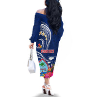 Guam Liberation Family Matching Off The Shoulder Long Sleeve Dress and Hawaiian Shirt Latte Stone and Guahan Seal Jungle Flower