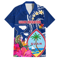 Personalised Guam Liberation Hawaiian Shirt Latte Stone and Guahan Seal Jungle Flower LT03 Blue - Polynesian Pride