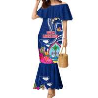 Personalised Guam Liberation Mermaid Dress Latte Stone and Guahan Seal Jungle Flower LT03 Women Blue - Polynesian Pride