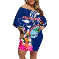 Personalised Guam Liberation Off Shoulder Short Dress Latte Stone and Guahan Seal Jungle Flower LT03 Women Blue - Polynesian Pride