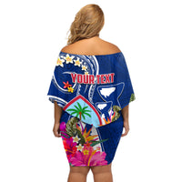 Personalised Guam Liberation Off Shoulder Short Dress Latte Stone and Guahan Seal Jungle Flower LT03 - Polynesian Pride