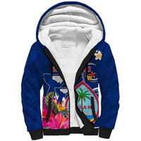 Personalised Guam Liberation Sherpa Hoodie Latte Stone and Guahan Seal Jungle Flower LT03 Unisex Blue - Polynesian Pride