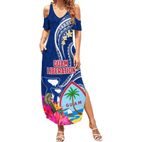 Personalised Guam Liberation Summer Maxi Dress Latte Stone and Guahan Seal Jungle Flower LT03 Women Blue - Polynesian Pride