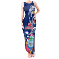 Personalised Guam Liberation Tank Maxi Dress Latte Stone and Guahan Seal Jungle Flower LT03 Women Blue - Polynesian Pride