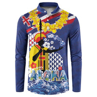 Hawaii King Kamehameha Day Button Sweatshirt Lei Sea Waves Polynesian Tapa Pattern LT03 Blue - Polynesian Pride