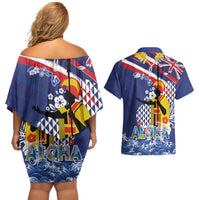 Hawaii King Kamehameha Day Couples Matching Off Shoulder Short Dress and Hawaiian Shirt Lei Sea Waves Polynesian Tapa Pattern