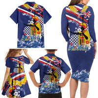Hawaii King Kamehameha Day Family Matching Long Sleeve Bodycon Dress and Hawaiian Shirt Lei Sea Waves Polynesian Tapa Pattern