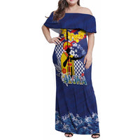 Hawaii King Kamehameha Day Family Matching Off Shoulder Maxi Dress and Hawaiian Shirt Lei Sea Waves Polynesian Tapa Pattern