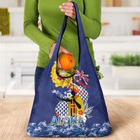 Hawaii King Kamehameha Day Grocery Bag Lei Sea Waves Polynesian Tapa Pattern