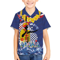 Hawaii King Kamehameha Day Kid Hawaiian Shirt Lei Sea Waves Polynesian Tapa Pattern