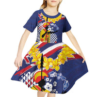 Hawaii King Kamehameha Day Kid Short Sleeve Dress Lei Sea Waves Polynesian Tapa Pattern