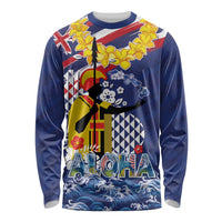 Hawaii King Kamehameha Day Long Sleeve Shirt Lei Sea Waves Polynesian Tapa Pattern