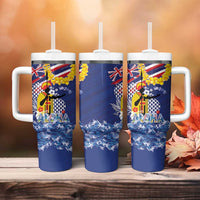 Hawaii King Kamehameha Day Tumbler With Handle Lei Sea Waves Polynesian Tapa Pattern