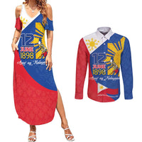 Philippines Independence Day Couples Matching Summer Maxi Dress and Long Sleeve Button Shirt Araw ng Kalayaan Polynesian Sun and YAKAN Pattern