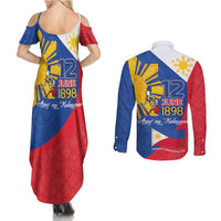 Philippines Independence Day Couples Matching Summer Maxi Dress and Long Sleeve Button Shirt Araw ng Kalayaan Polynesian Sun and YAKAN Pattern