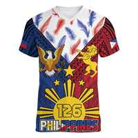 Philippines Independence Day 126th Anniversary Women V-Neck T-Shirt Polynesian Pattern National Flag Style