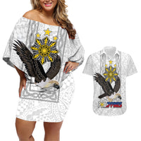 Philippines Eagle Week Couples Matching Off Shoulder Short Dress and Hawaiian Shirt Polynesian Pattern Barong Style LT03 White - Polynesian Pride