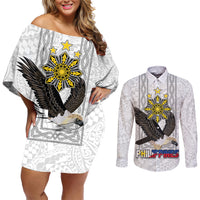 Philippines Eagle Week Couples Matching Off Shoulder Short Dress and Long Sleeve Button Shirt Polynesian Pattern Barong Style LT03 White - Polynesian Pride