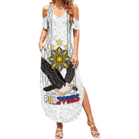 Philippines Eagle Week Summer Maxi Dress Polynesian Pattern Barong Style LT03 Women White - Polynesian Pride