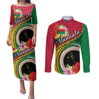 Vanuatu Tribal Boar Tusk Couples Matching Puletasi and Long Sleeve Button Shirt Tropical Plants with Namele and Melanesian Pattern LT03 Red - Polynesian Pride