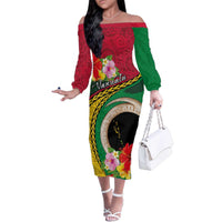 Vanuatu Tribal Boar Tusk Family Matching Off The Shoulder Long Sleeve Dress and Hawaiian Shirt Tropical Plants with Namele and Melanesian Pattern