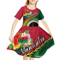 Vanuatu Tribal Boar Tusk Kid Short Sleeve Dress Tropical Plants with Namele and Melanesian Pattern