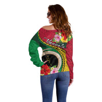 Vanuatu Tribal Boar Tusk Off Shoulder Sweater Tropical Plants with Namele and Melanesian Pattern