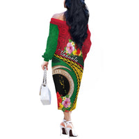Vanuatu Tribal Boar Tusk Off The Shoulder Long Sleeve Dress Tropical Plants with Namele and Melanesian Pattern