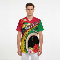 Vanuatu Tribal Boar Tusk Scrub Top Tropical Plants with Namele and Melanesian Pattern LT03 - Polynesian Pride