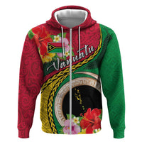 Vanuatu Tribal Boar Tusk Zip Hoodie Tropical Plants with Namele and Melanesian Pattern