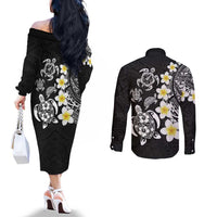 Hawaiian Plumeria Turtles Couples Matching Off The Shoulder Long Sleeve Dress and Long Sleeve Button Shirt Polynesian Art Tattoo