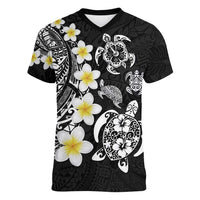 Hawaiian Plumeria Turtles Women V-Neck T-Shirt Polynesian Art Tattoo