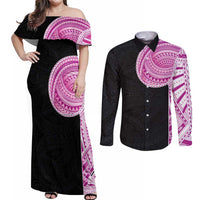 Samoan Art Tattoo Polynesian Pattern Couples Matching Off Shoulder Maxi Dress and Long Sleeve Button Shirt Pink Out Color LT03 Black - Polynesian Pride