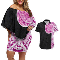 Samoan Art Tattoo Polynesian Pattern Couples Matching Off Shoulder Short Dress and Hawaiian Shirt Pink Out Color LT03 Black - Polynesian Pride