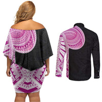 Samoan Art Tattoo Polynesian Pattern Couples Matching Off Shoulder Short Dress and Long Sleeve Button Shirt Pink Out Color LT03 - Polynesian Pride