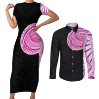 Samoan Art Tattoo Polynesian Pattern Couples Matching Short Sleeve Bodycon Dress and Long Sleeve Button Shirt Pink Out Color LT03 Black - Polynesian Pride