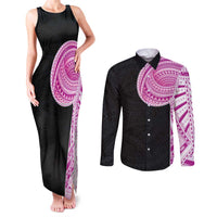 Samoan Art Tattoo Polynesian Pattern Couples Matching Tank Maxi Dress and Long Sleeve Button Shirt Pink Out Color LT03 Black - Polynesian Pride
