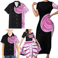 Samoan Art Tattoo Polynesian Pattern Family Matching Short Sleeve Bodycon Dress and Hawaiian Shirt Pink Out Color