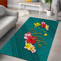 Aloha Kanaka Maoli Hawaii Flowers Area Rug With Polynesian Pattern Teal Color