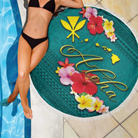 Aloha Kanaka Maoli Hawaii Flowers Beach Blanket With Polynesian Pattern Teal Color