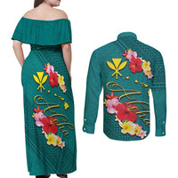 Aloha Kanaka Maoli Hawaii Flowers Couples Matching Off Shoulder Maxi Dress and Long Sleeve Button Shirt With Polynesian Pattern Teal Color