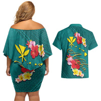 Aloha Kanaka Maoli Hawaii Flowers Couples Matching Off Shoulder Short Dress and Hawaiian Shirt With Polynesian Pattern Teal Color