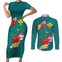 Aloha Kanaka Maoli Hawaii Flowers Couples Matching Short Sleeve Bodycon Dress and Long Sleeve Button Shirt With Polynesian Pattern Teal Color