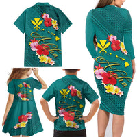 Aloha Kanaka Maoli Hawaii Flowers Family Matching Long Sleeve Bodycon Dress and Hawaiian Shirt With Polynesian Pattern Teal Color